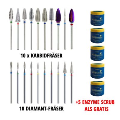 SET: 10 Stk KARBIDFRÄSER + 10 Stk DIAMANT-FRÄSER + 5 Stk ENZYME SCRUB ALS GRATIS