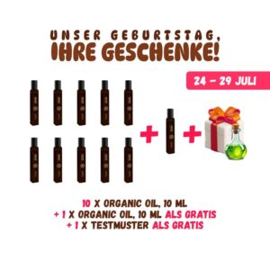 GEBURTSTAG SET: 10 Organic Oil 10ml + 1 ALS GRATIS + Testmuster ALS GRATIS