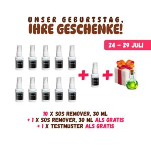 GEBURTSTAG SET: 10 Sos Remover 30ml + 1 ALS GRATIS + Testmuster ALS GRATIS