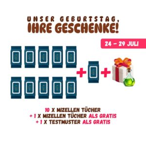 GEBURTSTAG SET: 10 Mizellen Tücher + 1 ALS GRATIS + Testmuster ALS GRATIS