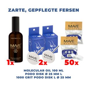 MAVE - ZARTE, GEPFLEGTE FERSEN SET: 1 Stk Molecular Oil 100ml, 2 Stk MAVE Master Podo DISK 25mm L, 50 Stk MAVE Master Polierer 25mm L