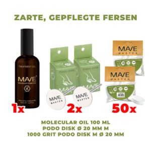 MAVE - ZARTE, GEPFLEGTE FERSEN SET: 1 Stk Molecular Oil 100ml, 2 Stk MAVE Master Podo DISK 20mm M, 50 Stk MAVE Master Polierer 20mm M