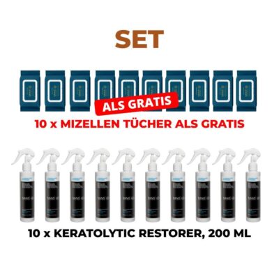 MAVE - SET 10 Stk KERATOLYTIC RESTORER 200 ML + 10 Stk MIZELLEN TÜCHER ALS GRATIS